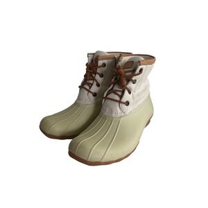 Sperry Duck Boots Ankle Rain Boots Lace Up Side Zip Green Beige Womens size 7‎